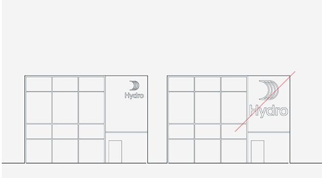 technical drawing illustrating placement and size of logo on a building