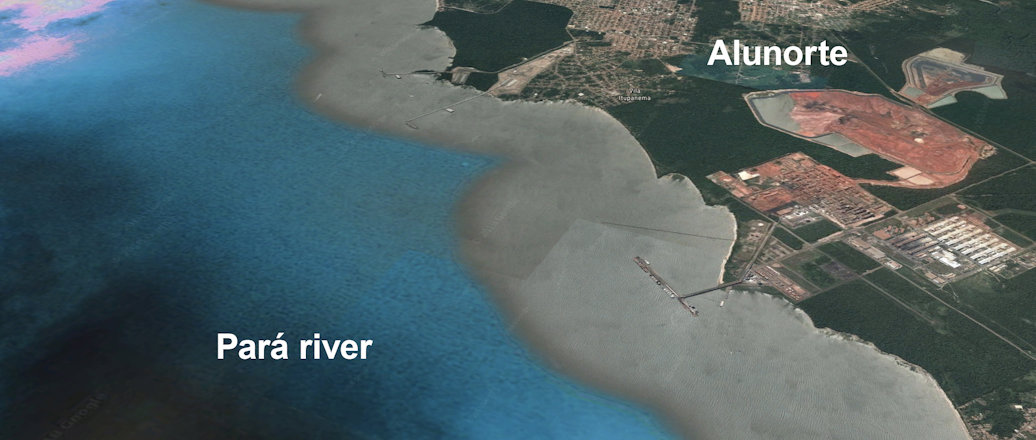Vista de satélite da Alunorte e do rio Pará. Foto: Google Earth