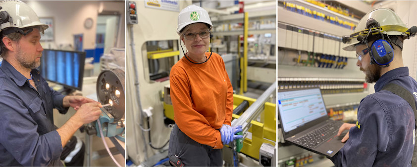 Fra venstre: Verktøytekniker Ola Johansson, operatør Tove Bjørndalen og elektriker Trond Halteigen løser viktige oppgaver for Hydros pressverk på Magnor. Fra venstre: Verktøytekniker Ola Johansson, operatør Tove Bjørndalen og elektriker Trond Halteigen løser viktige oppgaver for Hydros pressverk på Magnor.