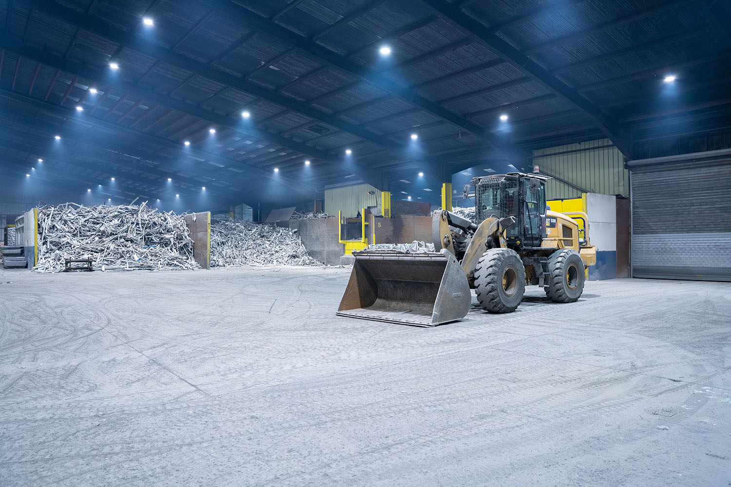 a tractor in a warehouse