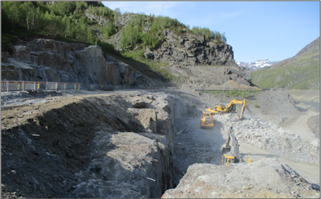 a construction vehicle on a rocky hillside